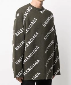 ( Positively Conscious ) Balenciaga Pull à Logo Intarsia 3567 KHAKI/ WHITE -Vente magasin Balenciaga 15659860 30096251 600