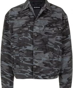 ( Positively Conscious ) Balenciaga 1055 WASHED BLACK Veste En Jean à Imprimé Camouflage Homme