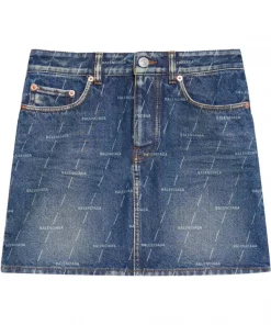 ( Positively Conscious ) Balenciaga Minijupe En Jean à Logo Imprimé 2340 AUTHENTIC DARK BLUE