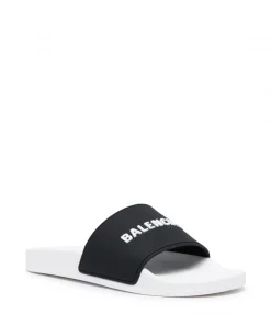 ( Positively Conscious ) Balenciaga 9010 WHITE/BLACK/BLACK Claquettes à Logo Homme -Vente magasin Balenciaga 16579650 35906801 600