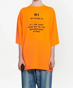 ( Positively Conscious ) Balenciaga 7513 FLUO ORANGE/BLACK T-shirt à Slogan Imprimé Femme -Vente magasin Balenciaga 16580873 33828602 600