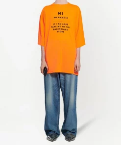 ( Positively Conscious ) Balenciaga 7513 FLUO ORANGE/BLACK T-shirt à Slogan Imprimé Femme -Vente magasin Balenciaga 16580873 33829005 600