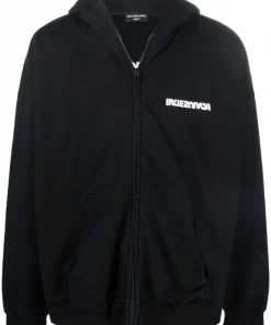 ( Nouvelle Collection ) Balenciaga 9034 WASHED BLACK/WHITE Hoodie Turn Wide Fit à Fermeture Zippée Homme