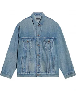 ( Positively Conscious ) Balenciaga 5620 WASHED LIGHT BLUE Veste En Jean à Logo Brodé Homme