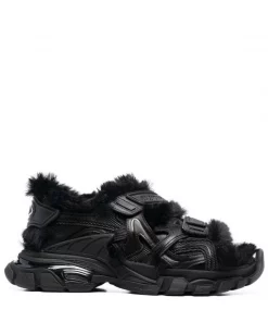 ( Positively Conscious ) Balenciaga 1000 BLACK/BLACK FUR Sandales Track En Fourrure Artificielle Femme