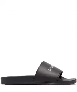 ( Positively Conscious ) Balenciaga 1081 BLACK/SILVER CHROME Claquettes à Logo Imprimé Homme