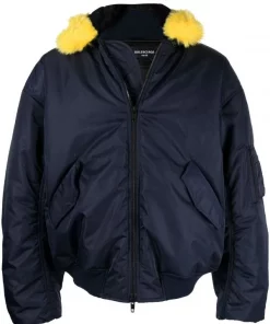 ( Positively Conscious ) Balenciaga 4100 DARK NAVY Veste Bomber Ornée De Fourrure Artificielle Homme