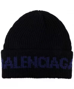 ( Positively Conscious ) Balenciaga 1165 BLACK/BLUE Bonnet à Logo Intarsia Homme