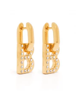 ( Positively Conscious ) Balenciaga Boucles D'oreilles XS B Chain 7167 SHINY GOLD/CRYSTAL