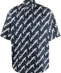( Positively Conscious ) Balenciaga 8502 -NAVY/WHITE Chemise à Logo Imprimé All-over Homme