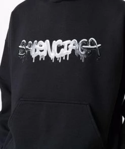 ( Positively Conscious ) Balenciaga 1069 BLACK/BLACK Hoodie Wide-Fit à Logo Imprimé Femme -Vente magasin Balenciaga 17334661 36914442 600