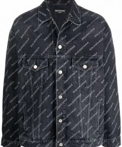 ( Positively Conscious ) Balenciaga Veste Typo En Jean à Logo Imprimé 1055 WASHED BLACK