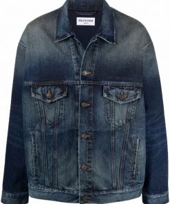 ( Positively Conscious ) Balenciaga 0421 DEEP BLUE W Veste En Jean à Logo Brodé Homme