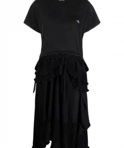 ( Positively Conscious ) Balenciaga 1000 BLACK Robe Volantée à Manches Courtes Femme