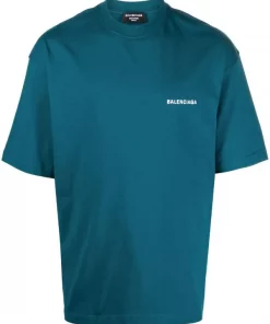 ( Positively Conscious ) Balenciaga 9567 PETROL BLUE/WHITE T-shirt à Logo Imprimé Homme
