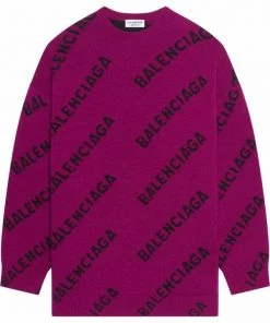 ( Positively Conscious ) Balenciaga 5272 PURPLE/BLACK Pull Oversize à Logo En Intarsia Femme