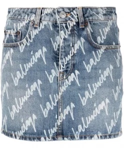 ( Positively Conscious ) Balenciaga Minijupe En Jean à Logo Imprimé All-over Femme