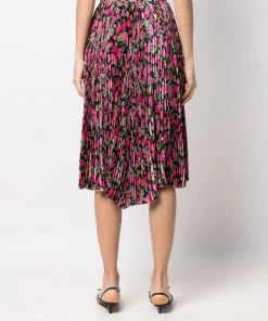 ( Nouvelle Collection ) Balenciaga 5630 PINK/BLACK Jupe Plissée En Soie à Fleurs Femme -Vente magasin Balenciaga 17697240 37200249 600