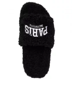 ( Positively Conscious ) Balenciaga Chaussons En Fourrure Artificielle à Logo Brodé 1001 BLACK/ WHITE PARIS -Vente magasin Balenciaga 17729814 37621860 600