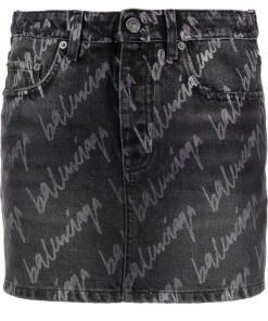 ( Positively Conscious ) Balenciaga Minijupe Taille-basse à Logo Imprimé 1052 STONEWASH BLACK