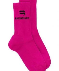 ( Positively Conscious ) Balenciaga 5660 FUXIA/BLACK Chaussettes Nervurées à Logo En Intarsia Femme