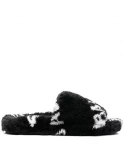 ( Positively Conscious ) Balenciaga 1090 BLACK/WHITE Chaussons En Fourrure Artificielle à Logo Femme