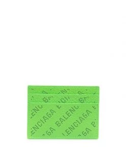 ( Positively Conscious ) Balenciaga 3817 ACID GREEN Porte-cartes En Cuir à Logo Perforé Homme