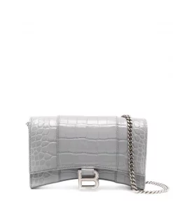 ( Positively Conscious ) Balenciaga 1108 BALENCIAGA GREY Pochette Hourglass à Effet Peau De Crocodile Femme