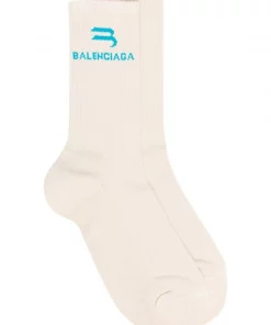 ( Positively Conscious ) Balenciaga 9768 BEIGE/BLUE Chaussettes De Tennis à Logo Brodé Homme