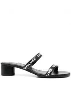 ( Positively Conscious ) Balenciaga 1090 BLACK/WHITE Sandales à Logo Imprimé 45 Mm Femme