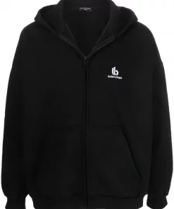 ( Nouvelle Collection ) Balenciaga Hoodie Zippé à Logo Brodé 1070 BLACK/ WHITE
