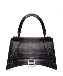 ( Positively Conscious ) Balenciaga DARK GREY Petit Sac à Main Hourglass à Effet Peau De Crocodile Femme