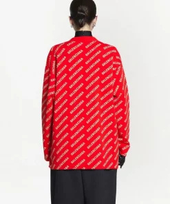 ( Positively Conscious ) Balenciaga Cardigan à Logo All-over 6090 -RED/WHITE -Vente magasin Balenciaga 18174320 39011632 600