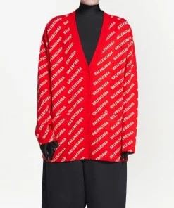 ( Positively Conscious ) Balenciaga Cardigan à Logo All-over 6090 -RED/WHITE -Vente magasin Balenciaga 18174320 39011634 600